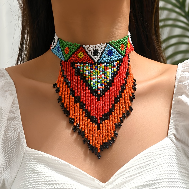 Women's Bohemian Hand-Woven Bead Necklace with Long Fringe Pendant