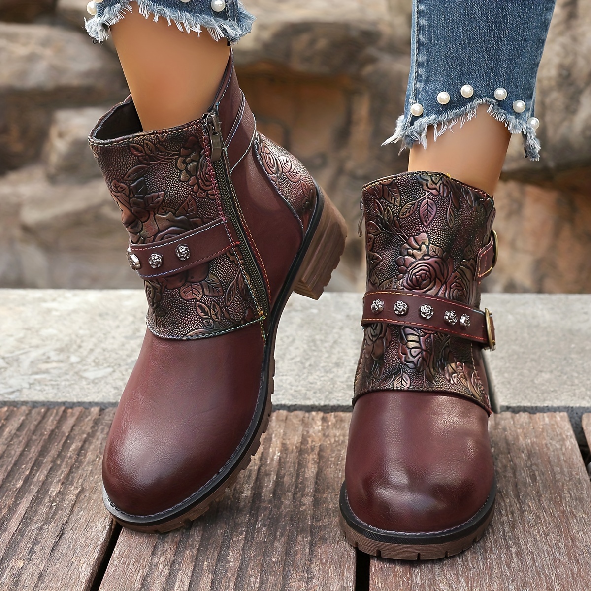 Ethnic Style Colorful Ankle Boots Women's Lace-Up Ankle Boots With Round  Toe And Low Heel