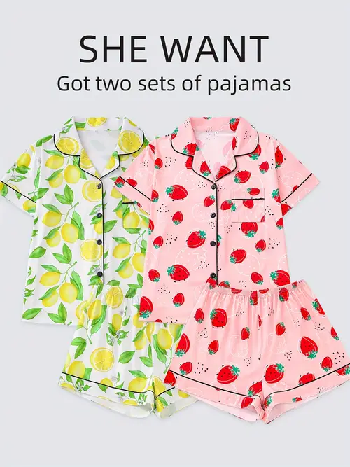 Two Sets Of Women s Sleepwear Sets, Fruit Series Sleepwear Set Combination, Knitted Fabric, Short Sleeved Button Top And Matching Shorts, Full Body Fruit Print, Collar And Pocket Details, Suitable for Adult Sleepwear Set