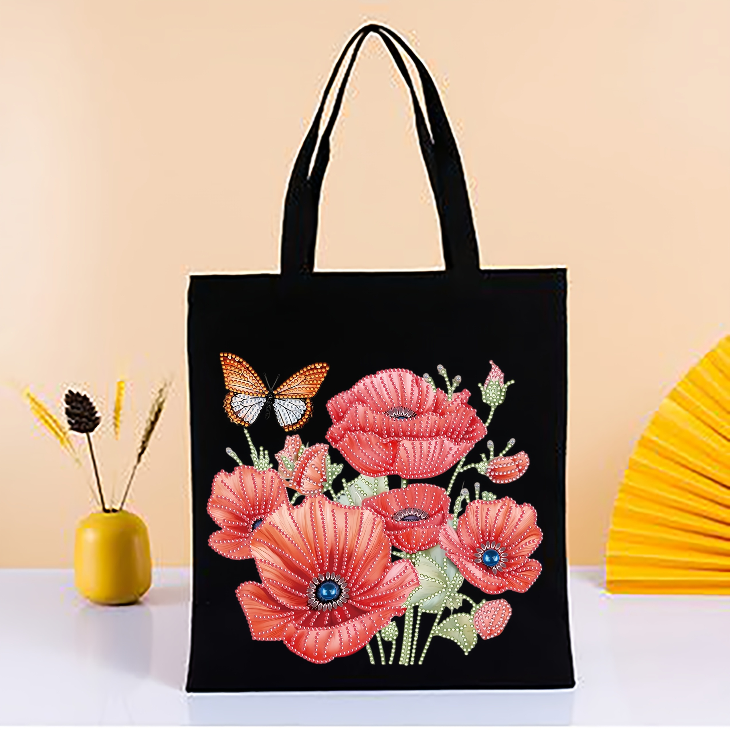 TEMU 1 Set Diamond Painting Tote Bag Set, Large 31.5cm X 36.58cm Reusable Canvas Shopping Bag With Irregular Diamonds And Cardboard Backing, Flower