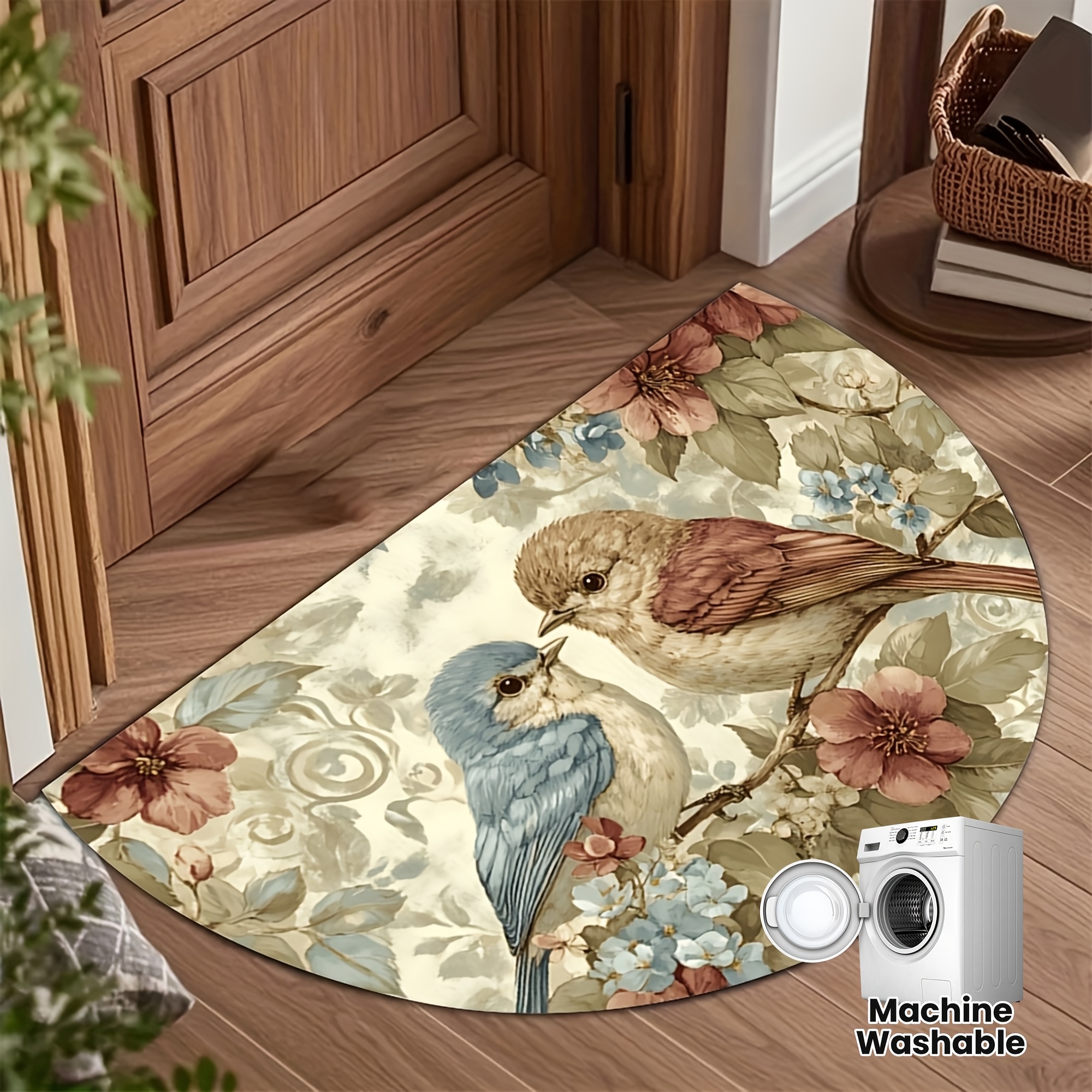 TEMU 1pc 2d Flat Vintage Chinese Bird And Floral Semicircular Doormat | Polyester, Unnapped Woven Fabric, Easy To Clean For Indoor And Outdoor Use,