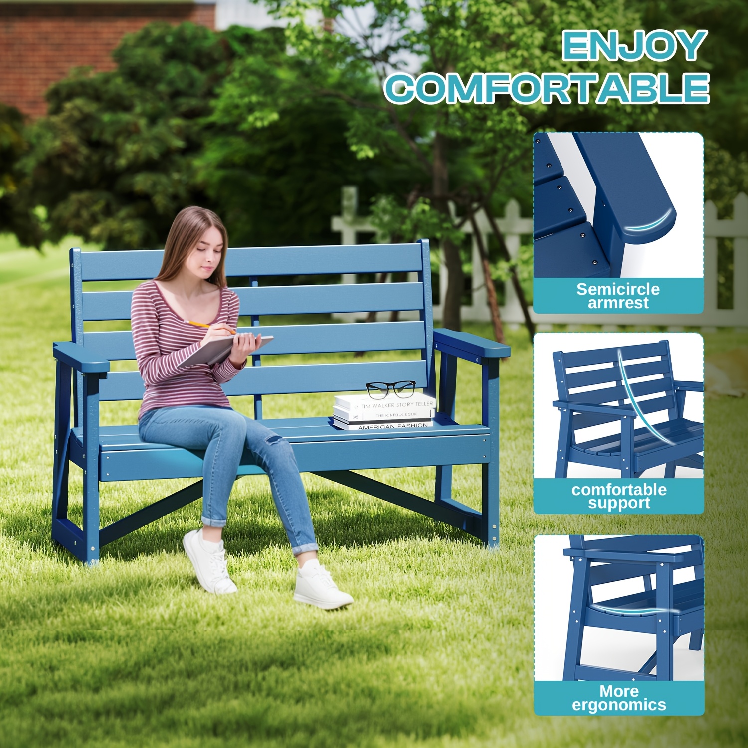 51.5' Outdoor Bench Heavy Duty HDPE Garden Bench for Patio, Park, Porch & Backyard Comfortable 2-Person Seating Rust-Free & All Weather Resistant