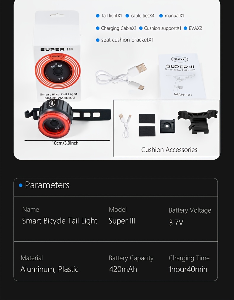TWOOC Smart Bike Rear Light, Auto Start Stop Brake Sensing LED Charging Cycling Smart Bicycle Taillight