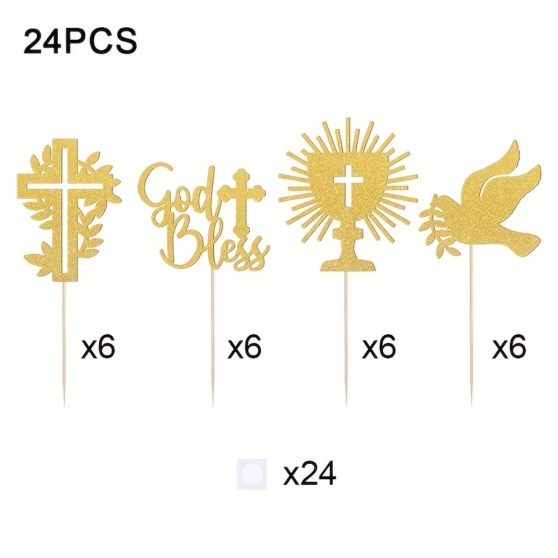 24pcs Christening Decoration Cupcake Toppers, Glitter Cupcake Picks, Designs For Baptism Celebrations, For Decorating Breads, Cake Decorations