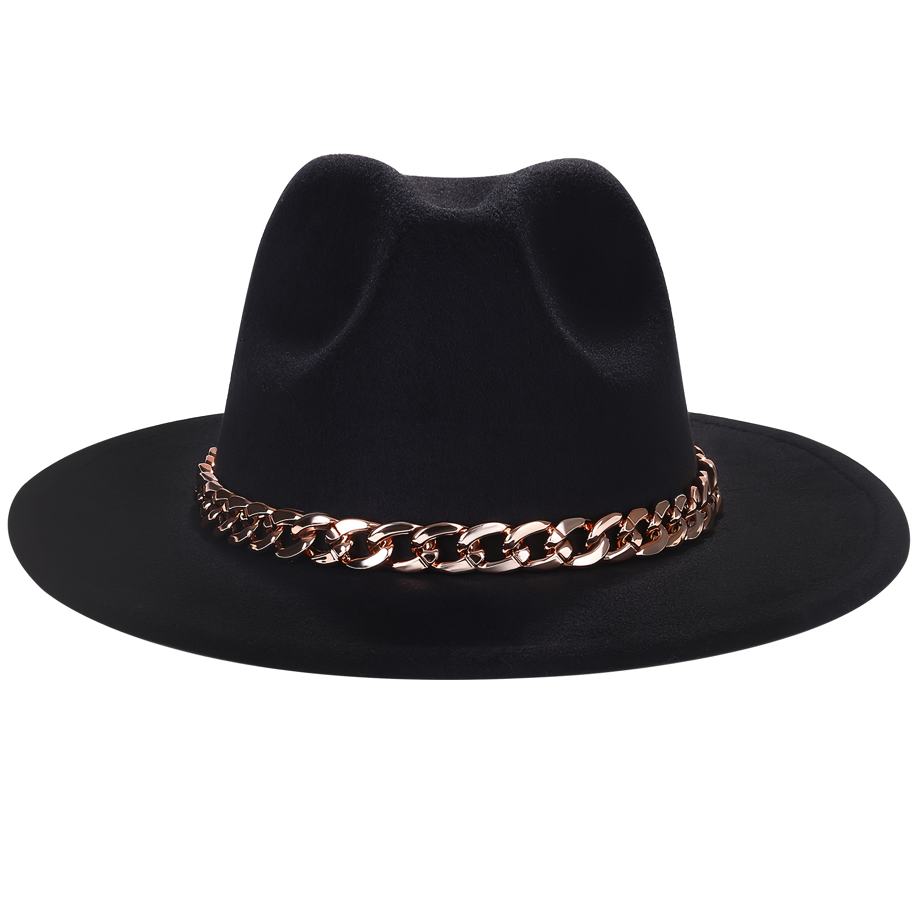 Image of A Stylish Wide-brimmed Felt Hat: A Simple And Classic Fedora With A Chain, A Western Cowboy Style Hat, Suitable For Men And Women.