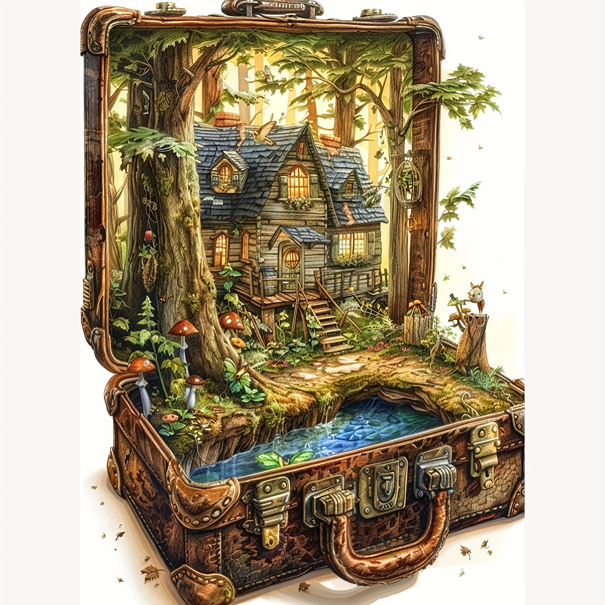 

5d Diy Diamond Painting Kit - Forest Suitcase House Scene With Round Diamonds, Canvas Material, Handicraft Mosaic Art For Home Décor, Creative Family Bonding Activity - Frameless (1pc)