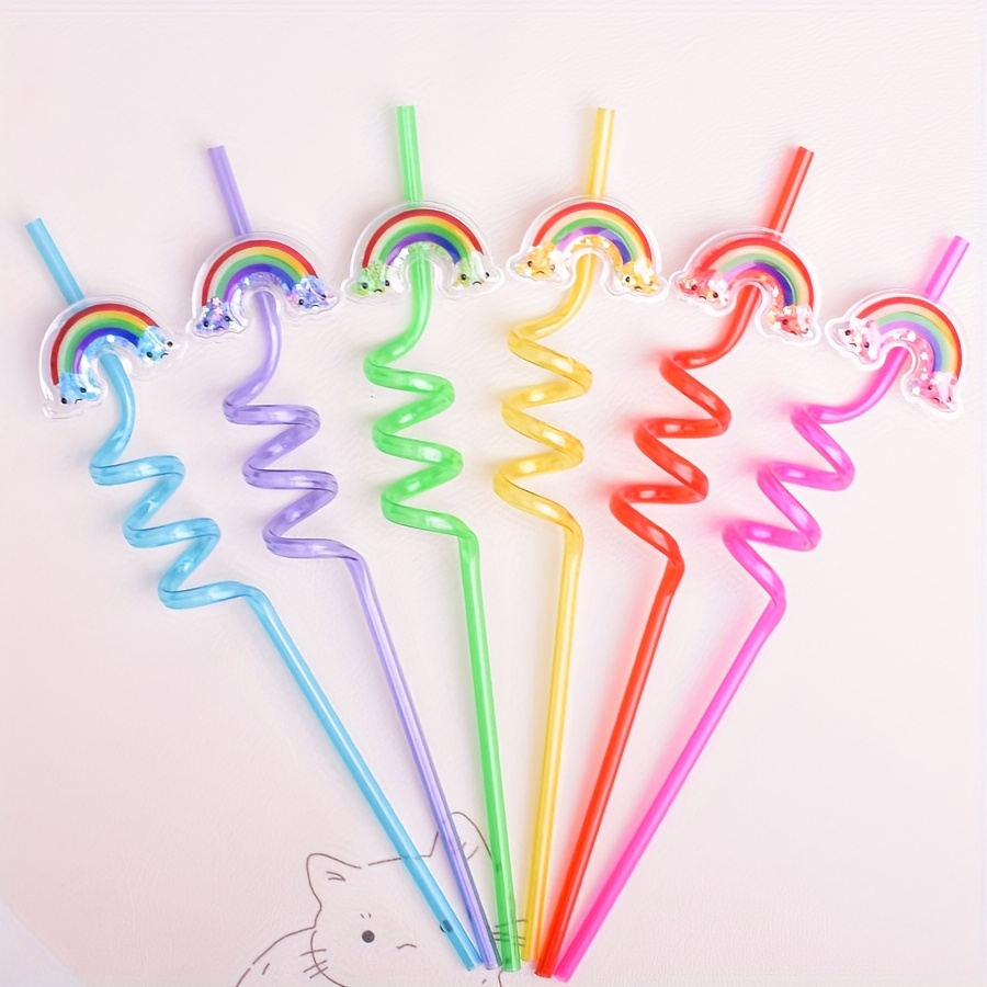Image of 6pcs Sequin Rainbow Styling Milk Straw Reusable Spiral Plastic Straws For Birthday Party Straws Decoration Supplies Small Gifts
