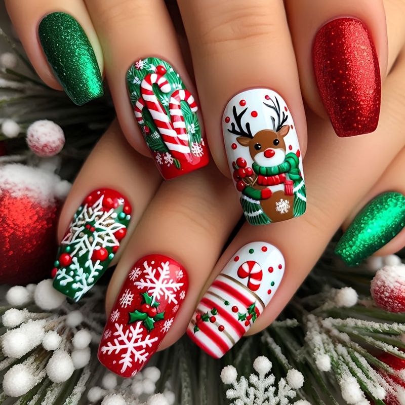 TEMU 2026 Red And Green Glitter Christmas Press-on Nails, Premium Upgraded Christmas Wearable Nails