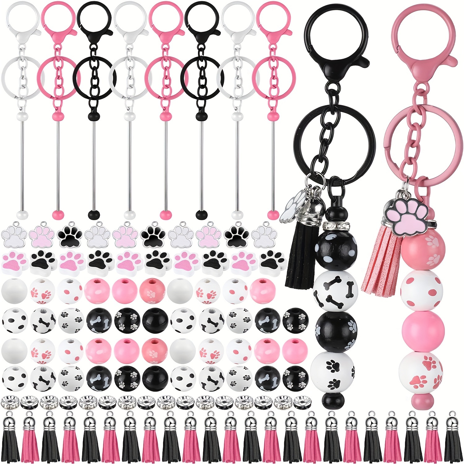 

12pcs Diy Keychain Making Kit With Silvery Tassel Pendants, Dog Claw Charms & Wooden Beads - Crafting And Party Decorations