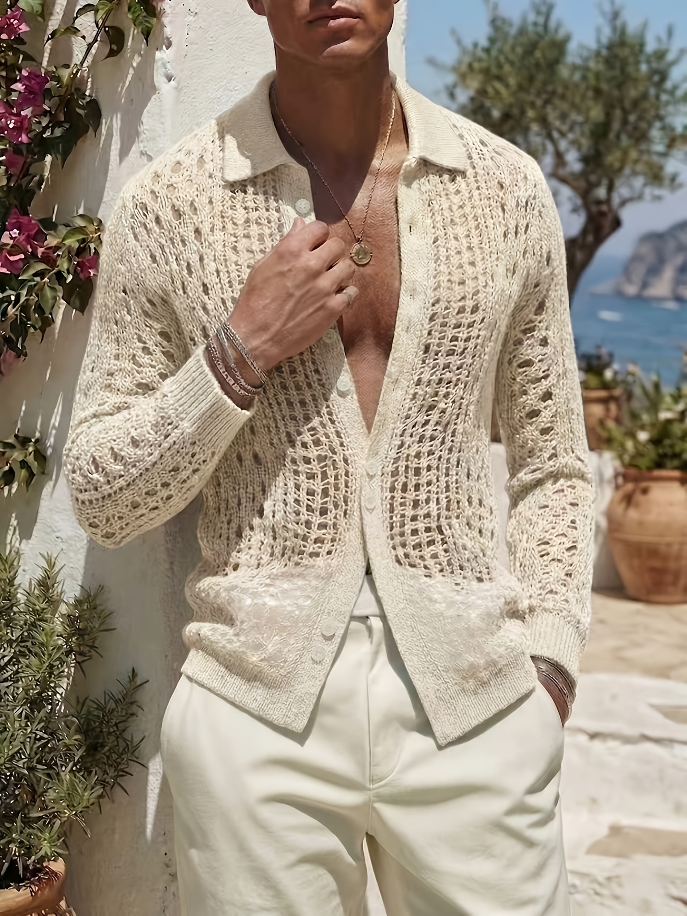 Men's Knitwear, Bean Green Hollow-out Knit Cardigan, Lapel & Single-breasted Design, Breathable & Casual, with a Relaxed Vacation Vibe