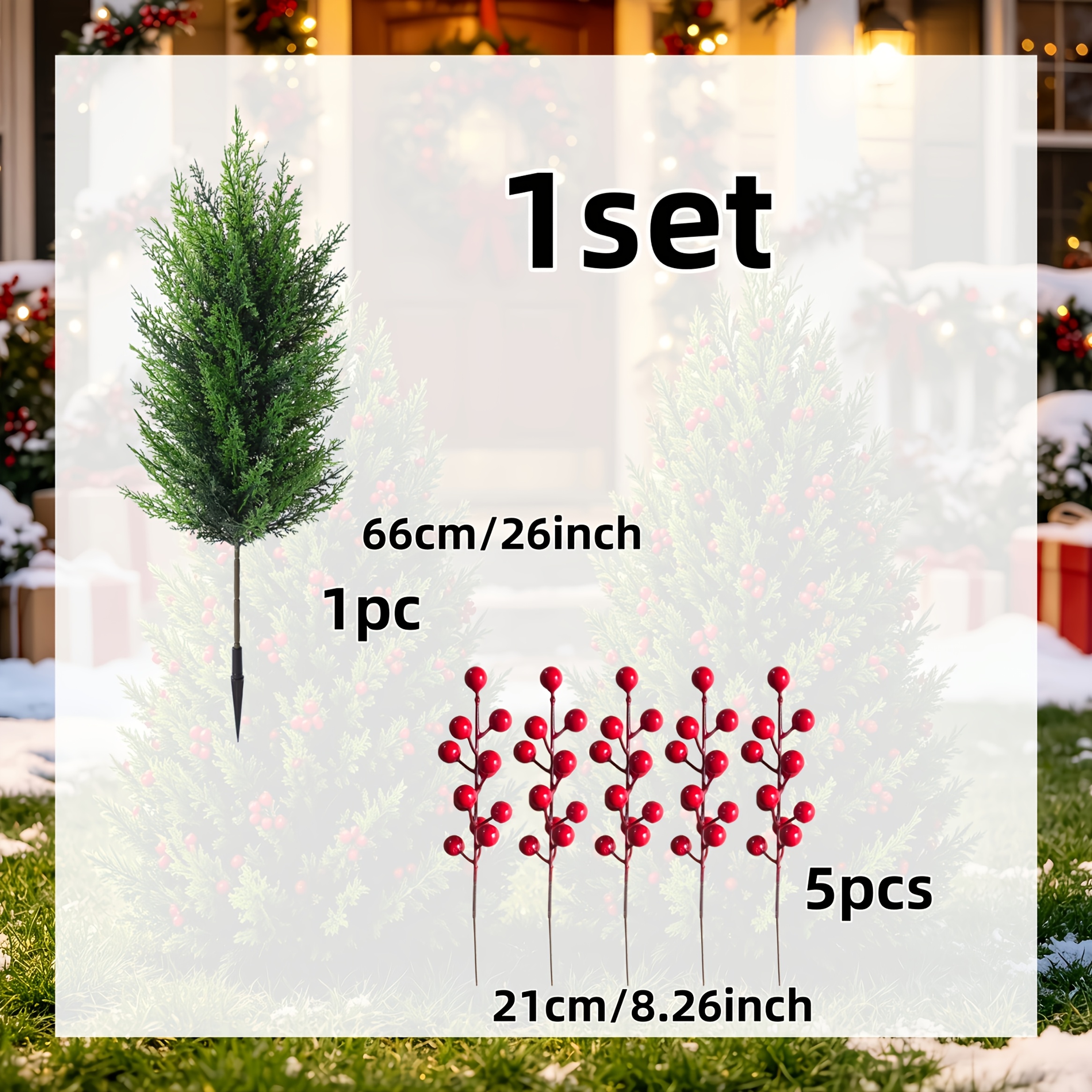 TEMU 1 Set Ultra-large Christmas Outdoor Artificial Plants With Berries And Pine Needles Ground Stakes - Green Needles Coverage, Realistic And Full