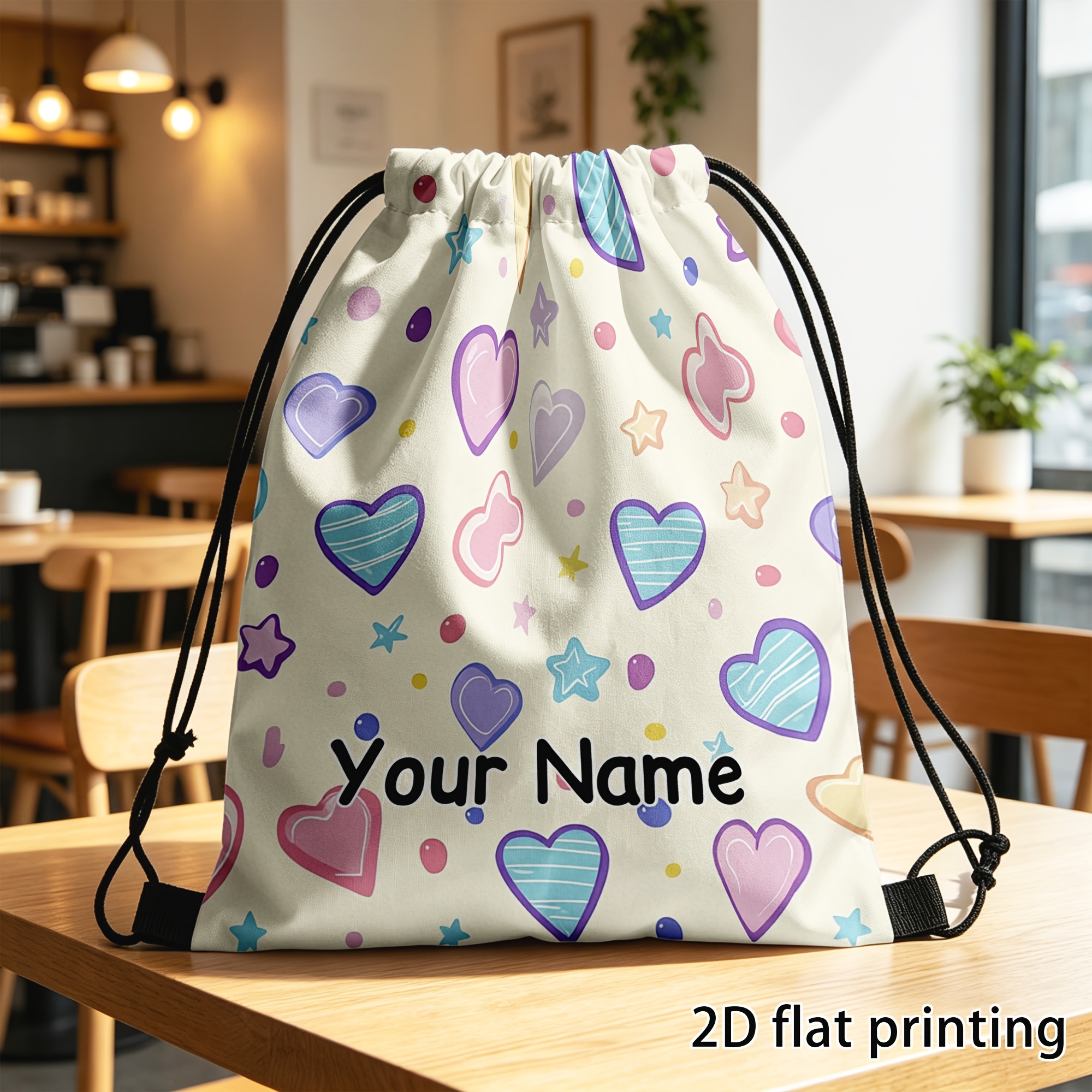 TEMU 1-pack Custom Drawstring Backpack, Personalized With Name/text, Pastel-colored Heart And Star Pattern Drawstring Bag, Unisex Lightweight Sports