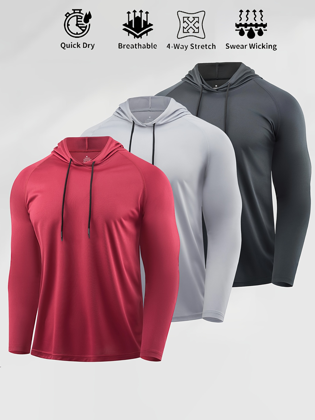 3pcs Sports Hoodie for Men - Comfortable And Breathable Hooded Sweatshirt - Ideal for Running, Fitness, Outdoor Cycling, Camping, And Fishing - Long Sleeve Performance Training Shirt - Casual Versatile Gift for Boyfriend