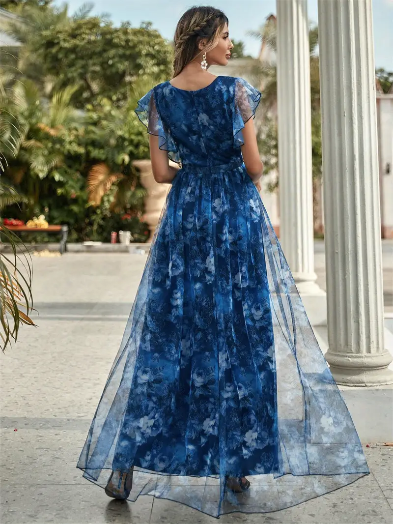 elegant womens deep v neck bridesmaid dress with short sleeves floral print lace trim satin mesh overlay ruffle hem a line long skirt weddings and formal events wedding guest attire floral print dress Product details 2