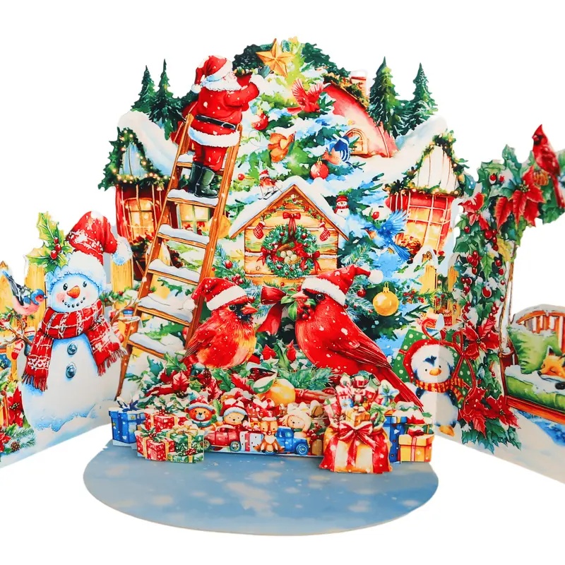 TEMU 1pc Handmade Merry Christmas Pop-up Greeting Card With Envelope - Santa Claus, & Poinsettia 3d , Snowy Rooftops, Wreaths & Gifts Scene -