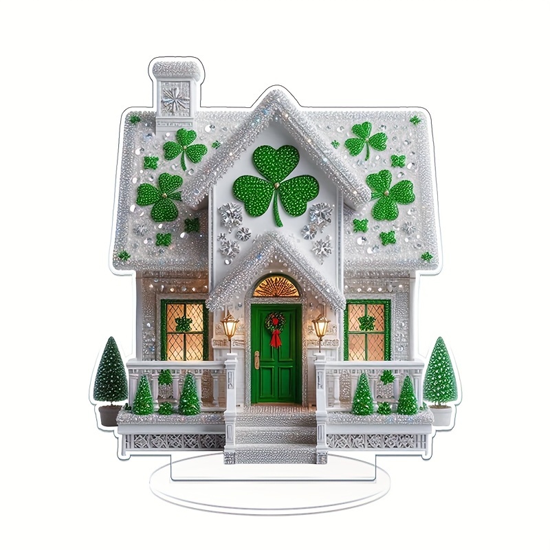 

Whimsical Castle Acrylic Ornament - Bohemian Style Transparent Decor With Green Shamrocks & Red Bow, Ideal For 's Day, Easter, Valentine's - Home, Office Desk & Living Room Display, Rustic Home Decor