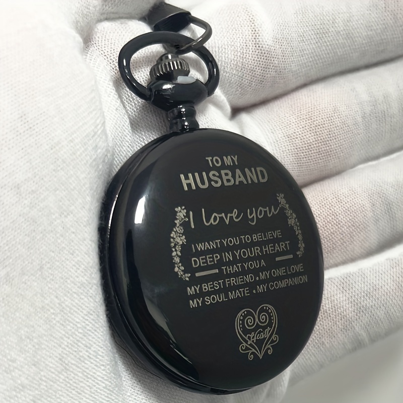 TEMU Toop "to My Husband" Romantic Message Pocket Watch For Men - Black Round Alloy Case With Floral & Heart Accents, Quartz Movement, Christmas