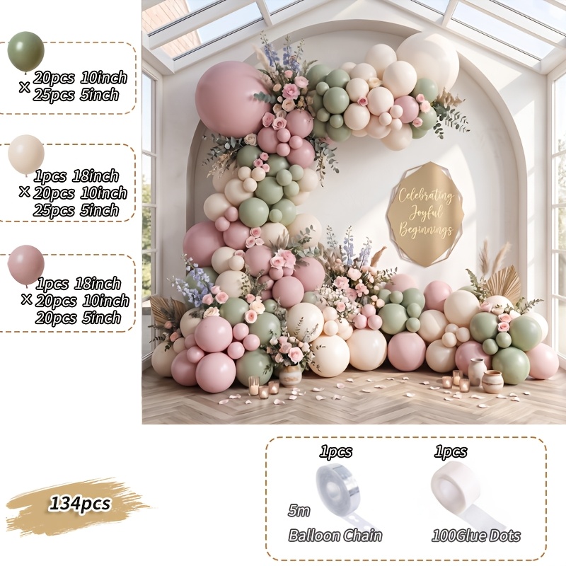 TEMU Kit de guirlande de ballons 134 pièces, vert sauge et , de ballons crème pour décoration de mariage, fête prénuptiale, baby shower, fête