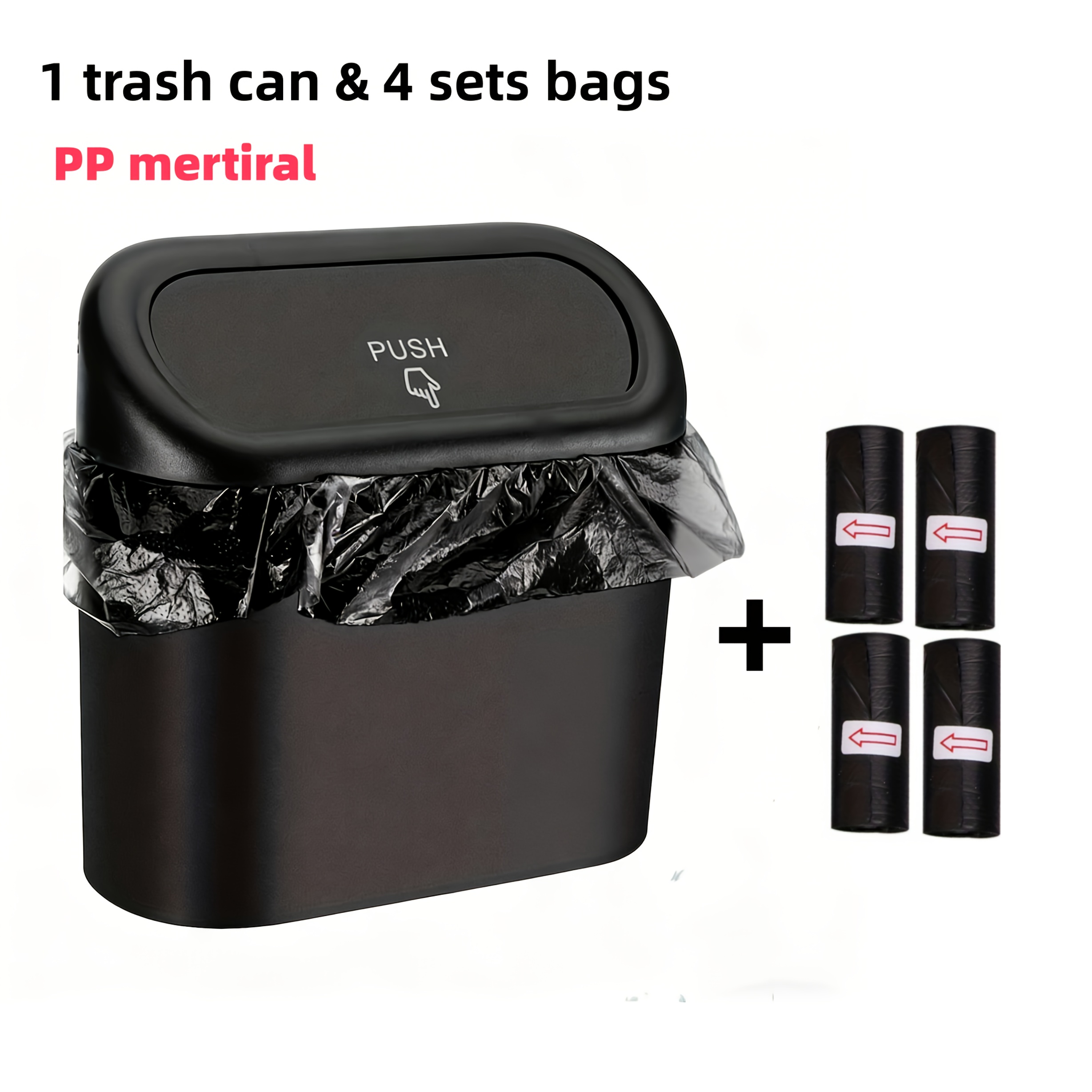 TEMU Mini poubelle de voiture avec couvercle, en matériau ABS, -fuite, livrée avec 60 sacs poubelle - Convient à la plupart des véhicules