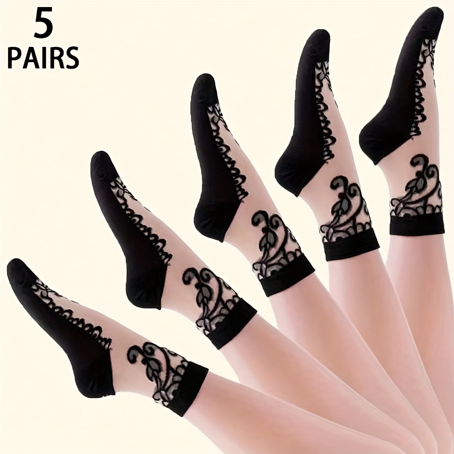E-shop Ein Set aus 5 Paaren eleganten und charmanten Damen-Mittelwadensocken, mit stilvollem und zartem Schwarz-Spitzenmuster und transparentem Mesh,