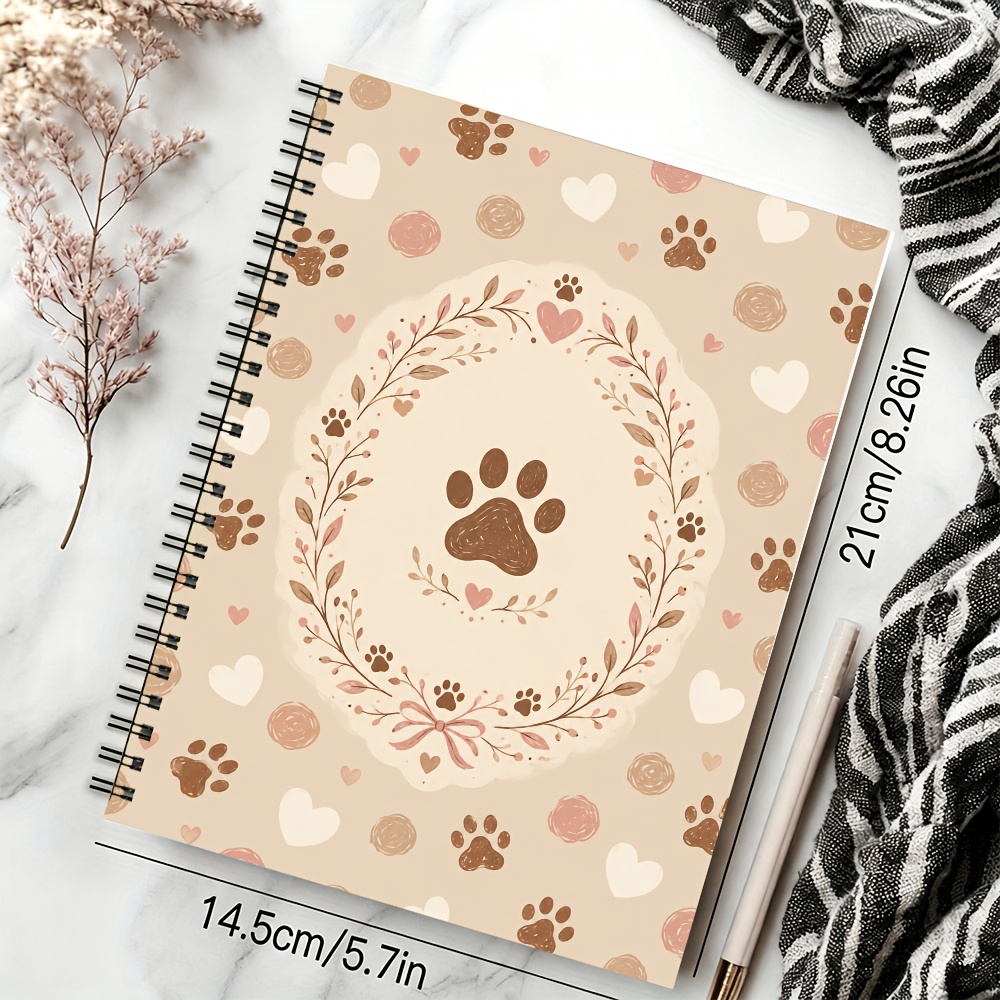 TEMU 1pc A5 Paw Print Heart Pet Theme Spiral Notebook, 50 Pages/25 Sheets, Beige Background, Paw Print, Heart, Botanical Wreath, Bow And Drawn For
