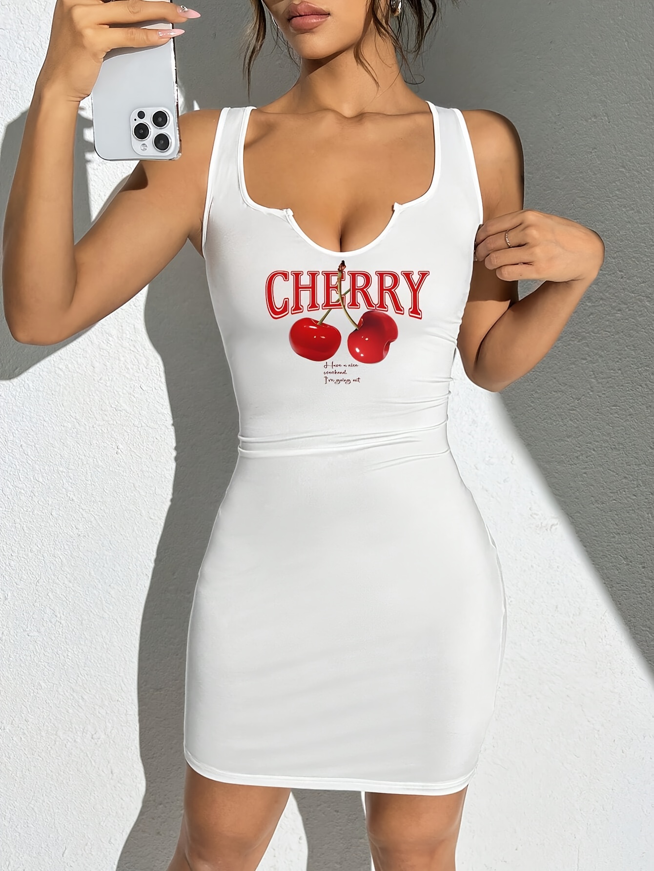 casual cherry pattern sleeveless v neck mini dress fitted - Temu