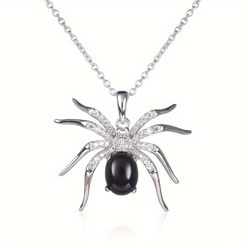 

Gothic Punk Spider Pendant Necklace With Zirconia Stone, Copper Base, Black Synthetic Gemstone, Perfect For Party Or Everyday Wear