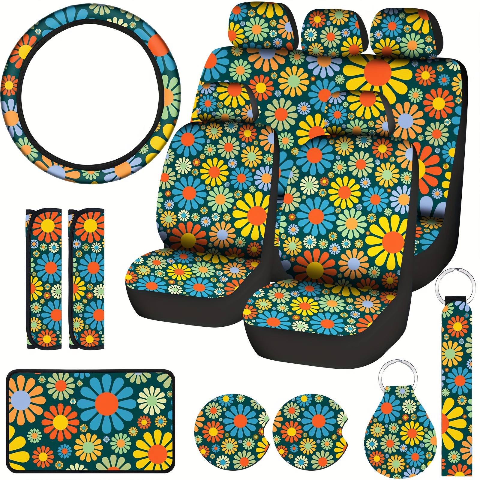 

17 Pcs Hippie Flower Car Seat Cover Set Universal Car Accessories Seat Cover Steering Wheel Cover Car Armrest Holder Mat Keyring Shoulder Pad Wrist Strap For Women Men