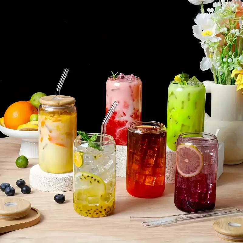 12pcs glass straw cup with bamboo lid mason jar water cup iced coffee cup glass cup with bamboo lid cute cup reusable suitable for furniture kitchen hotel home party supplies 18 7 ounces 550 milliliters Product details 5