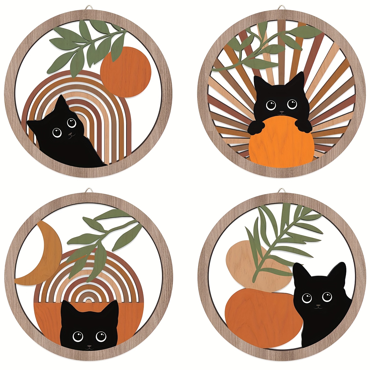 Image of 4pcs Cat Wall Decor Geometric Hanging Wooden Ornaments Wall Art Suitable For Doorway , Room Office Fashionable Pendant