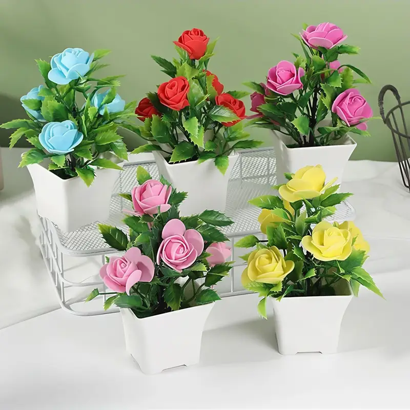 Großhandel mit simulierten Topfpflanzen-* künstlicher Blumentopf, Schaumstoff-Rosen-Kunstblumen-Dekoration, 5 Schaumstoff-Blumen, simulierte grüne Pflanzendeko