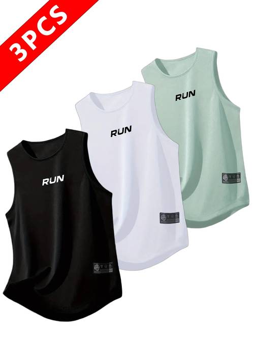 3 pzas. camisetas deportivas sin para hombre, rápido y transpirables, para gimnasio, running y baloncesto, con estampado run, ropa de entrenamiento, disponibles en negro, , , verde y varios colores