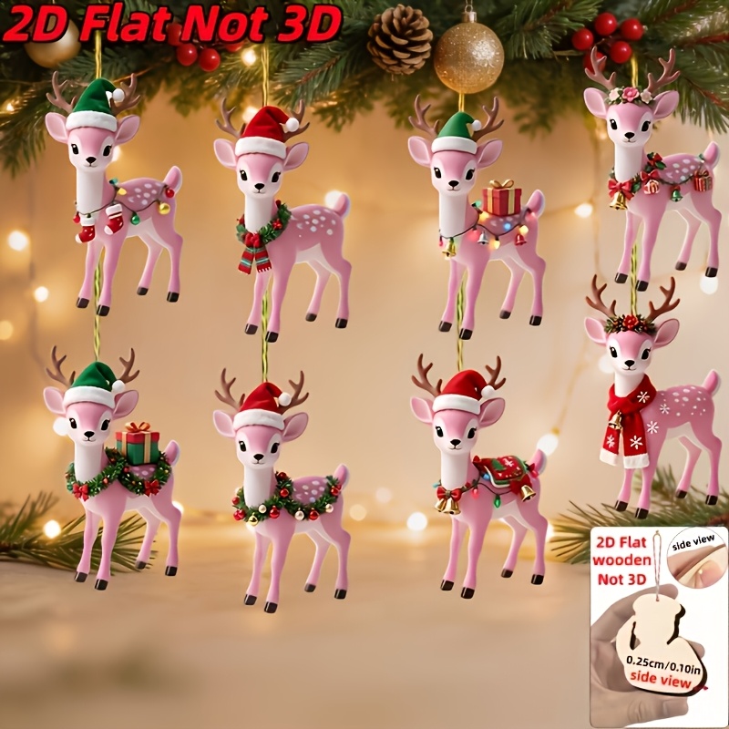 TEMU 2d Flat, 8pcs Set Of Reindeer Wooden Hanging Ornaments. The Reindeer Are Designed In Various Christmas Outfits. Christmas Tree Ornaments,