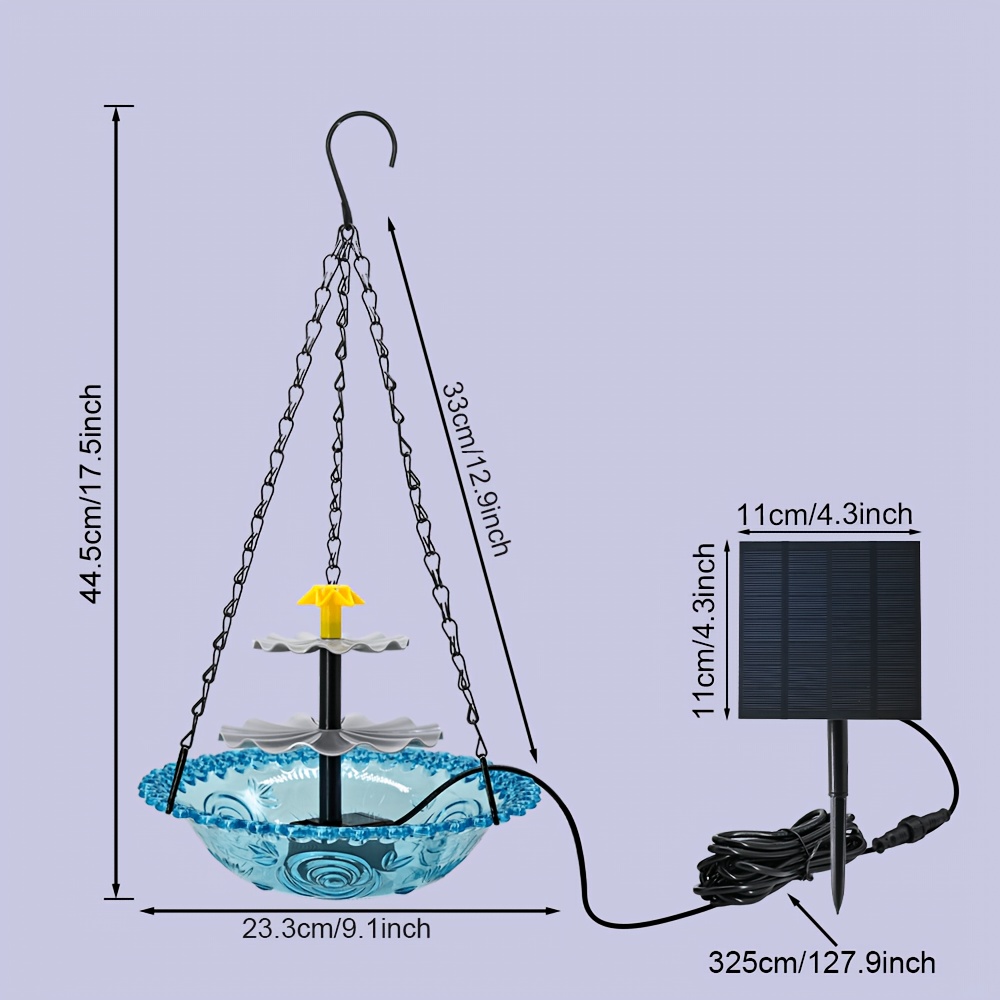 item picture Solar Bird Bath Fountain Pendant Type, with A Blue Bird Bath Basin, Metal Chain Suspension Design, 2.5  Split-Type Fountain Pump, Fully Automatic Water Sprayer, 3-Layer Cascading   Scene Circulation Pump, IP68
