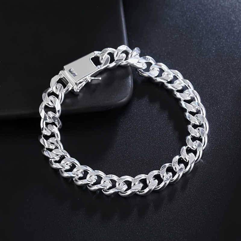 TEMU 1pc Unisex 925 Sterling Silver Plated Cuban Link Bracelet, Fashion Korean Style, Men's And Women' Model, Available Stock