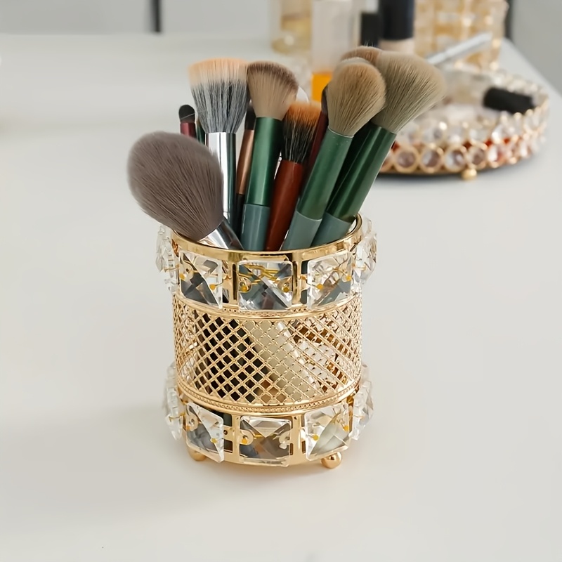 Image of New European-style Metallic Makeup Brush Holder, A Pen Holder For Home And Office Use, Brush Container For Dressing Tables, A Decorative Vase, Made Of Crystal And Metal