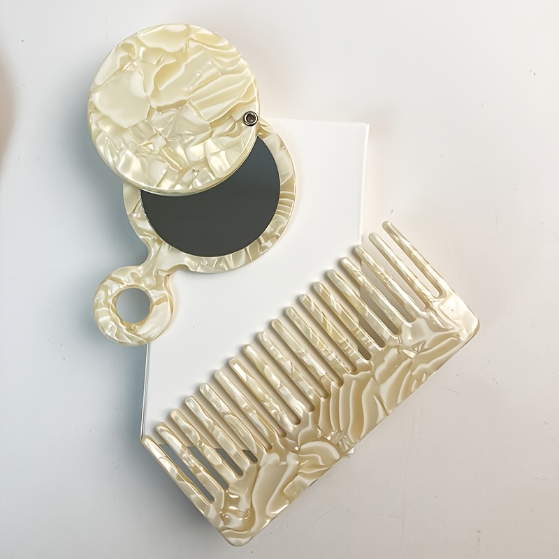 TEMU 2pcs Vintage Acetate Mirror Comb Set Portable Handheld Small Round Mirror Makeup Mirror Small Comb