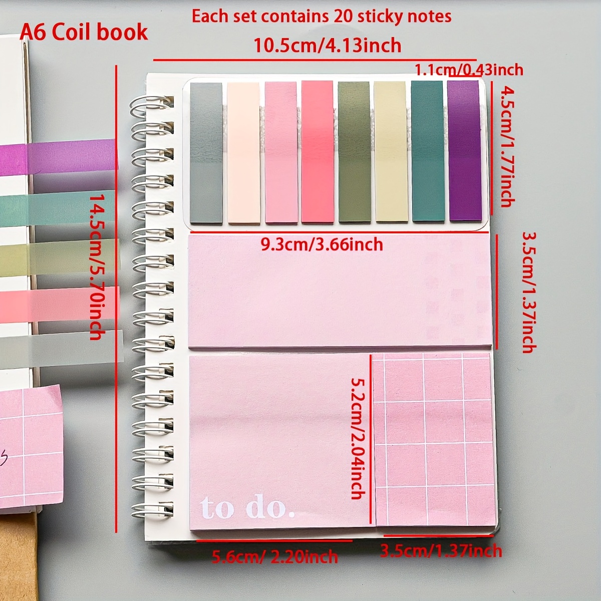 TEMU 1pc Coil Notebook With 20pcs Sticky Notes Per Pack, And Adhesive Pet Index Stickers For Loose-leaf Notebooks, Classification Labels Stickers For