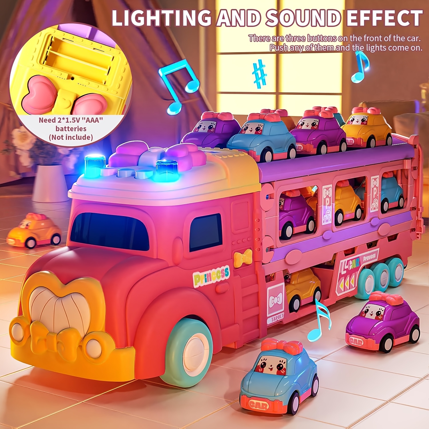   pink transport truck toy with 6   dual push launch action lights music foldable storage manual operation aaa batteries birthday party holiday gift for     gift item vibrant toy truck durable toy vehicle toy cars