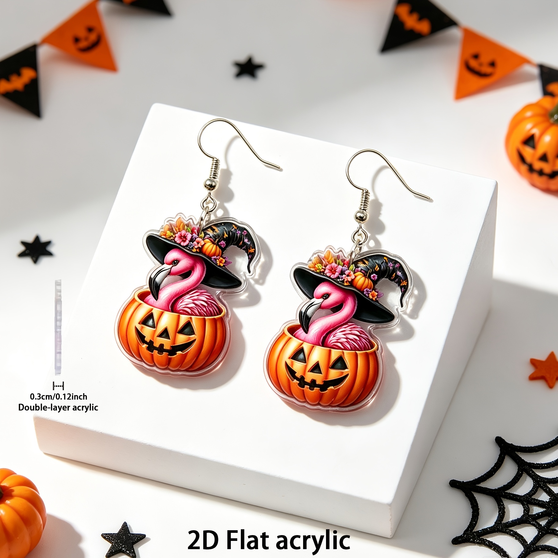 2D Flat Flamingo & Jack-o'-lantern Dangle Earrings, Retro Hippie Style