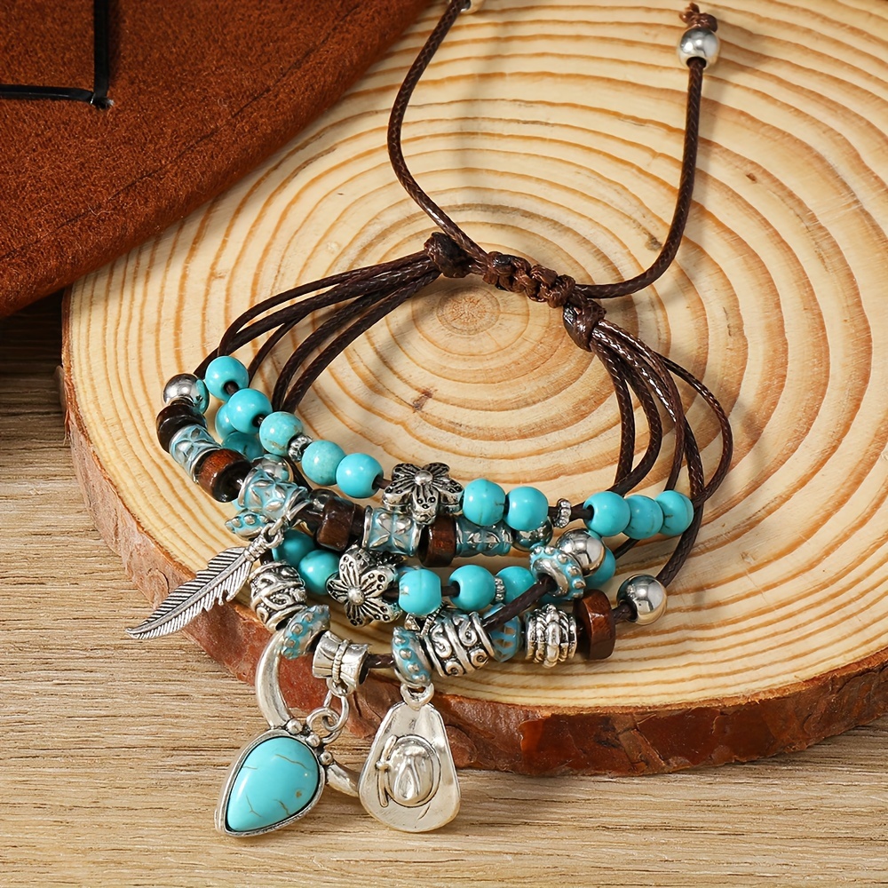 

Boho Chic Multilayer Beaded Bracelet Set With Turquoise Stones, Feather And Bull Head Hat Charms For Women - Elegant Handcrafted No Plating Jewelry For Daily And Party Occasions, All Season Wear