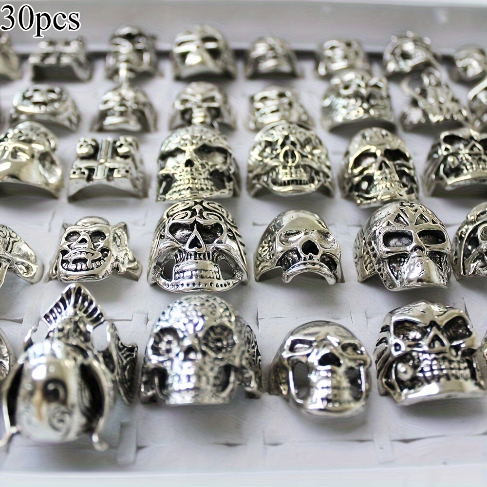 30 50pcs mens punk gothic biker skeleton skull   ring vintage band rings unisex punk hip hop style halloween party jewelry