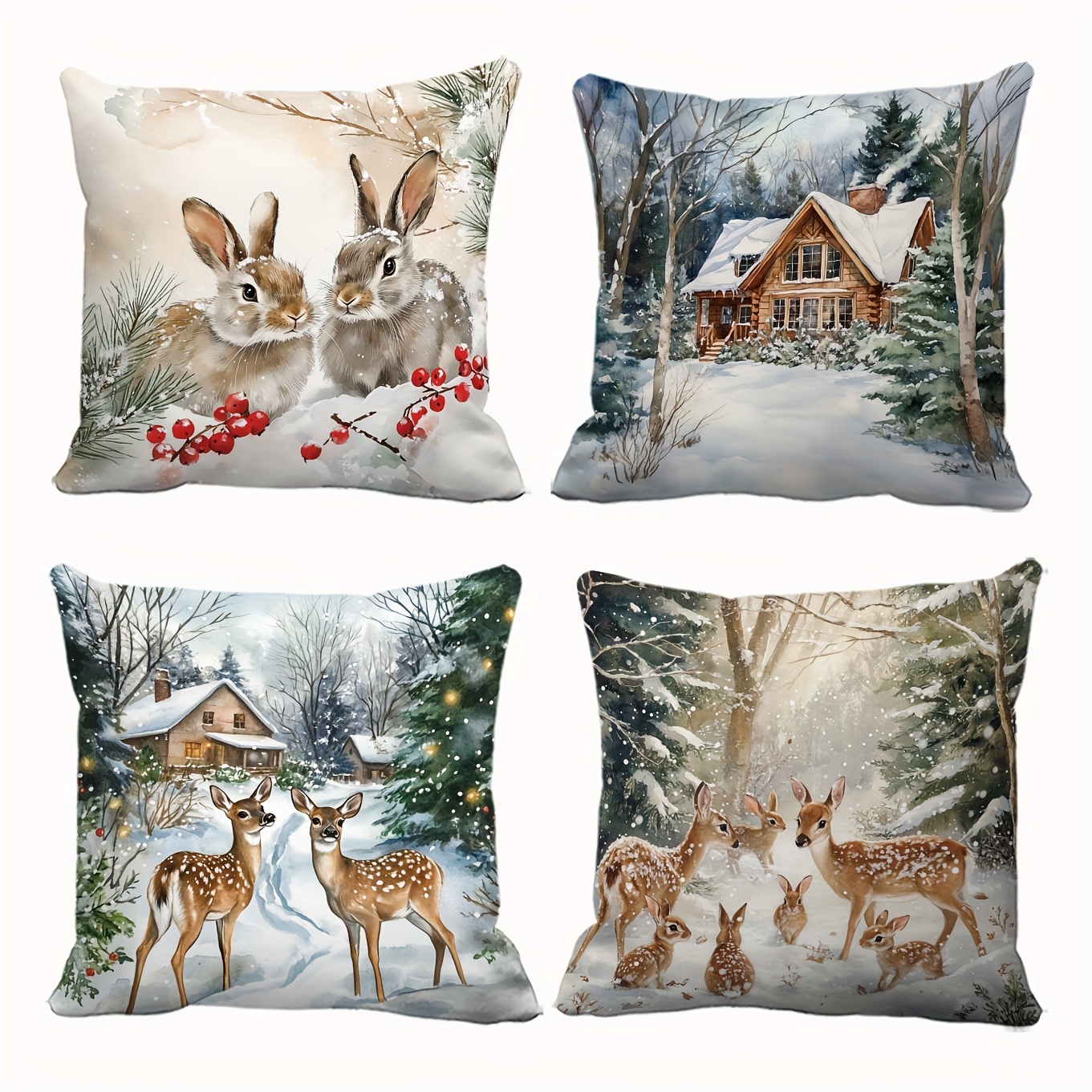 TEMU Ensemble de 4 taies d'oreiller vintage sur le thème de dans la , avec scène de forêt, cabane, animaux, et lapins, parfaites pour un , le An,