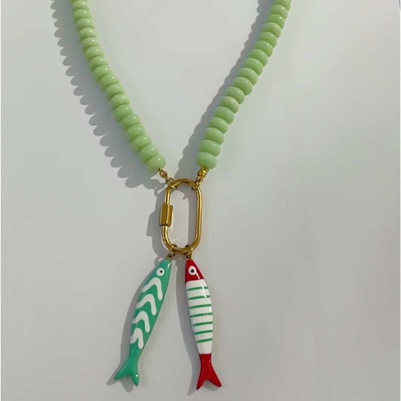 TEMU A Light Green Beaded Fish-shaped Pendant Necklace With A Bohemian Summer Style, Perfect For Daily Wear, Beach Vacations, And Parties. An Ideal