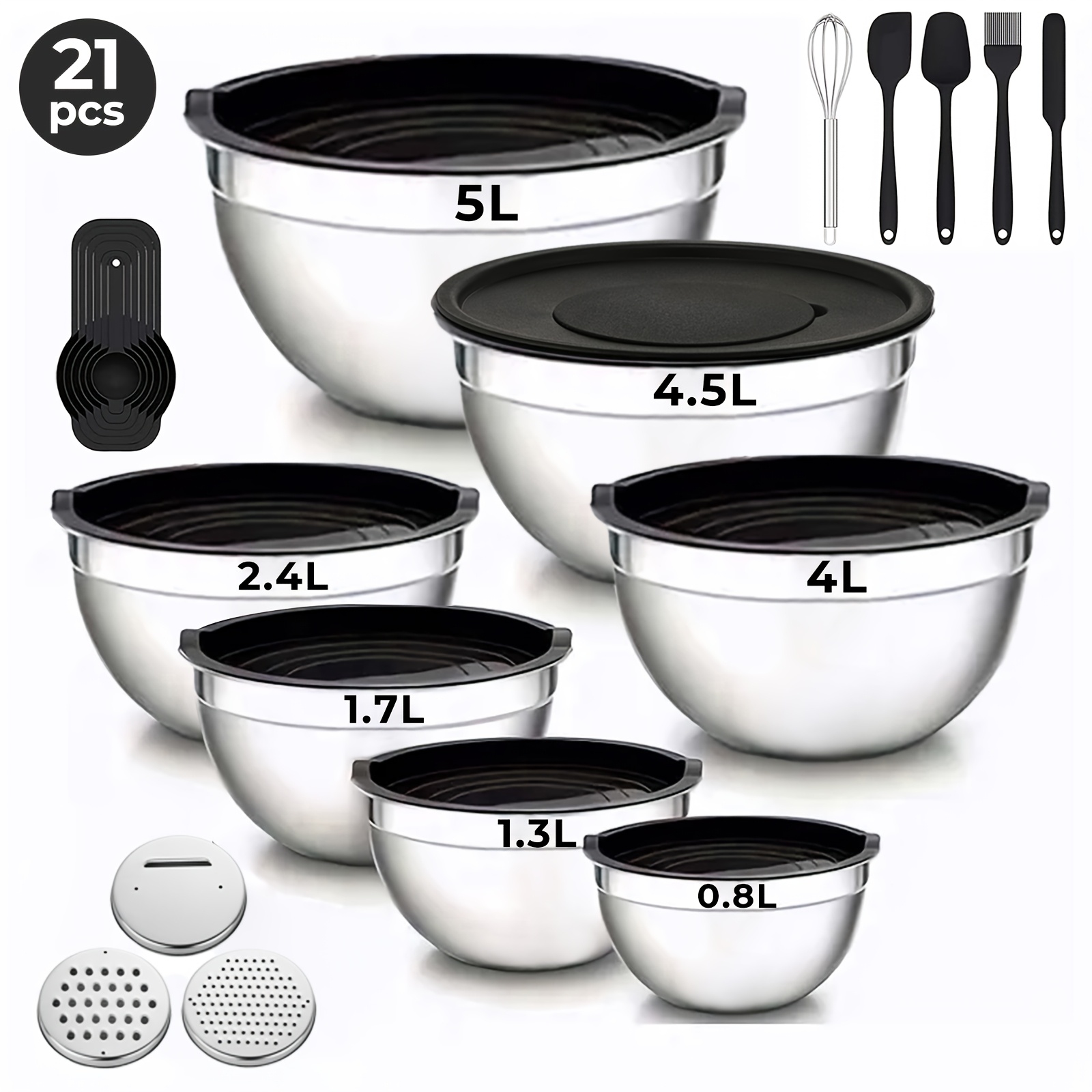 TEMU 21pcs Black Stainless Steel Mixing Bowl With Airtight Lid And Rust Proof Bowl, Used For Baking, Consumption, And Mixing. Christmas, New Year,