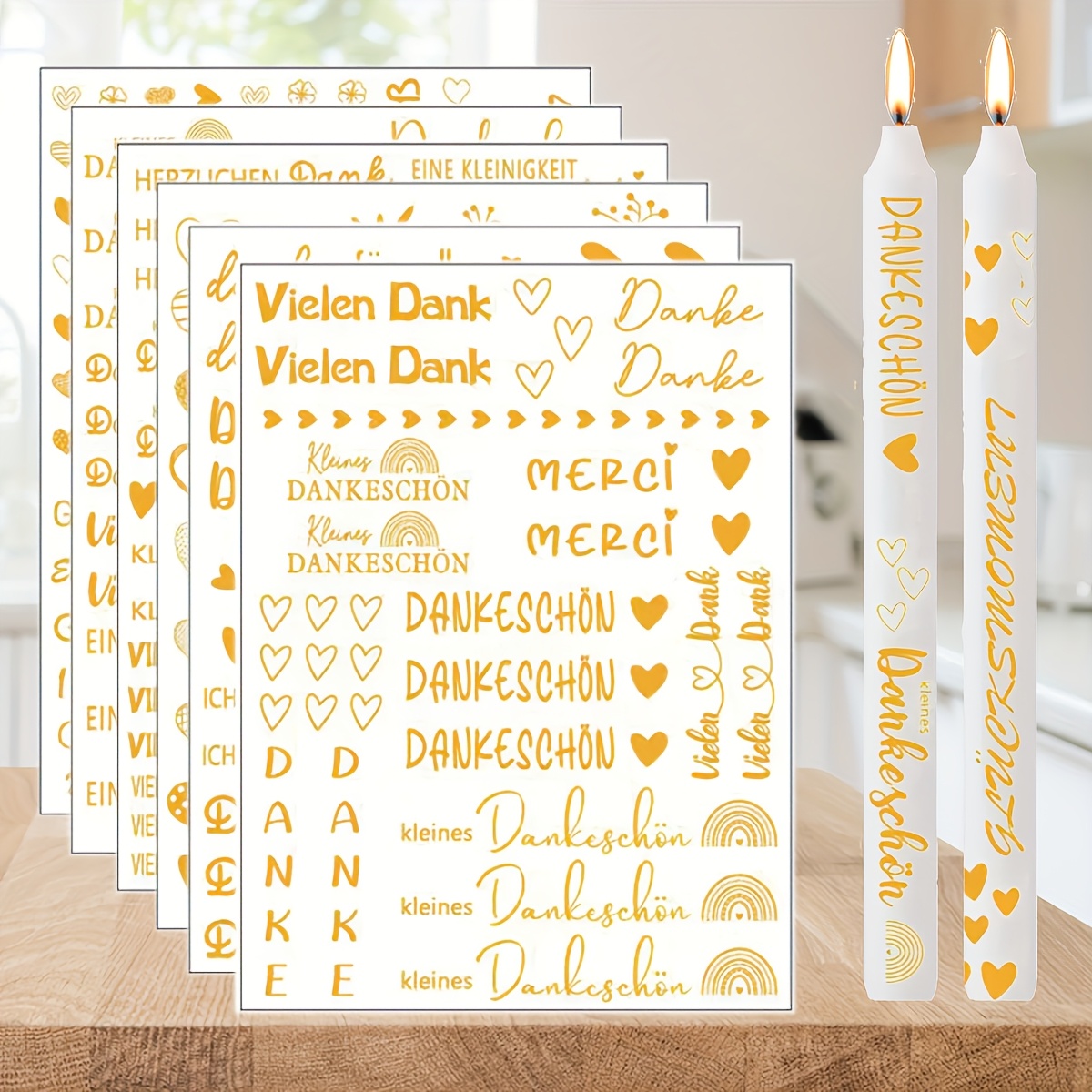 

6-pack Thank Decals For Birthday Celebration, Heart & Phrases Design, Universal Holiday Paper Decorations, Flameless Candle Adornment Set, No Electricity Needed, Featherless