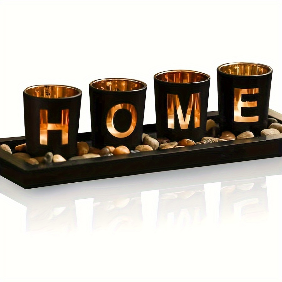 TEMU 4pcs Tea Light Set With Wooden Tray - Natural For & Dining Table Centerpiece Decor