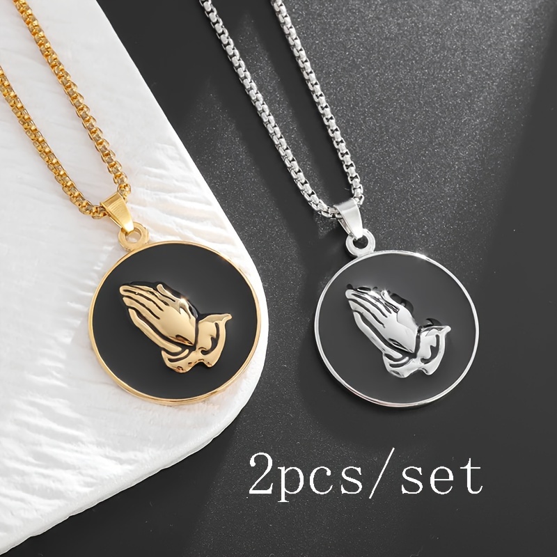 TEMU 2-piece Set Of Simple Niche Fashion Stainless Steel Praying Hands Coin Badge Pendant Necklace For Men And Women Fashion Amulet Jewelry Holiday Gift