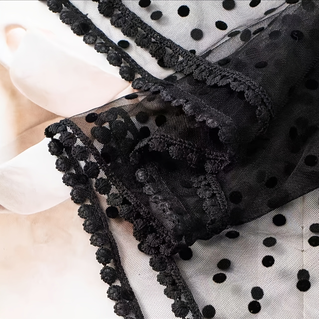 Black Lace Ruffled Polka Dot Scarf, Triangular Neck Scarf