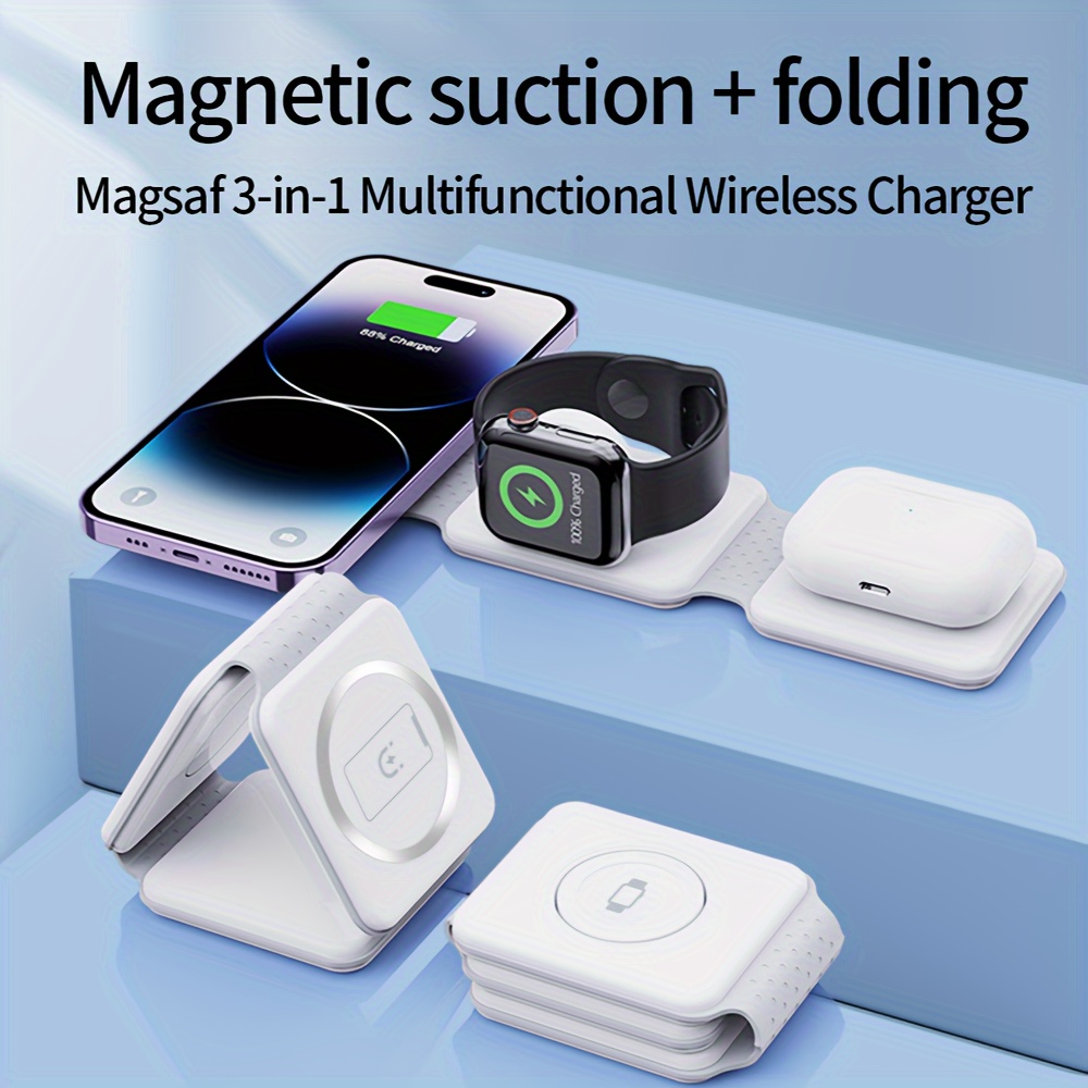 

15w Magnetic 3-in-1 Folding Wireless Charger With Adapter - Instant Charge, High Efficiency For Multiple Devices, Portable Design, Usb Type-c, Compatible With Watch Series 11/12/13/14/15 & Earbuds